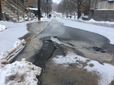 Broken water mains, like this one on Park Road in Yorkville in late December, can cause widespread road closures. The city says there have been 120 water main breaks since Dec. 28, compared to 17 over the same time a year ago. 