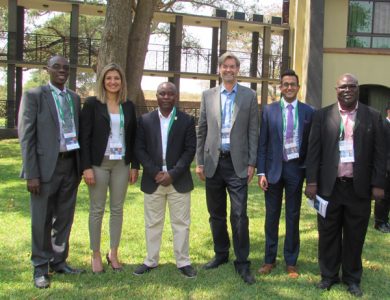 Left to right: Dr. Franco Muleya (The Copperbelt University), Dr. Nadine Ibrahim (CivE postdoctoral researcher), Dr. Innocent Musonda (University of Johannesburg), Professor Murray Metcalfe (MIE, CivE), Malik Ismail (EngSci 1T6 + PEY), and Dr. Erastus Mwanaumo (University of Zambia). Ismail visited Zambia to present the results of his Engineering Science thesis project, which inspired him to create Global Engineering Week at U of T Engineering. (Photo: Courtesy Murray Metcalfe) 