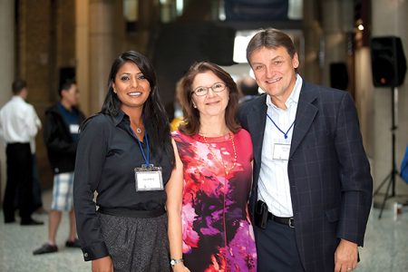 From right: George Myhal (IndE 7T8), Dean Cristina Amon and Rayla Myhal. As the finishing touches are made on U of T Engineering's newest building ahead of its official opening on April 27, George and Rayla Myhal have bolstered their commitment to engineering innovation and entrepreneurship with a generous gift that will name the building in their honour. 