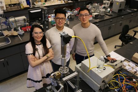 Professor Gisele Azimi (ChemE, MSE), seen here with PhD candidate Bill Yao and undergraduate researcher Jiakai (Kevin) Zhang, leads a team dedicated to recovering strategic materials such as rare earth elements from both pre-consumer and post-consumer waste streams. (Photo: Tyler Irving)
