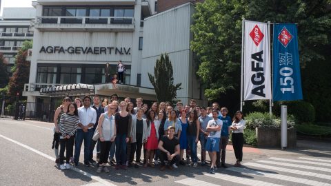 Mahta Massoud (MSE 1T8 + PEY Co-op) stands outside of Agfa Belgium with the 2017-2018 interns