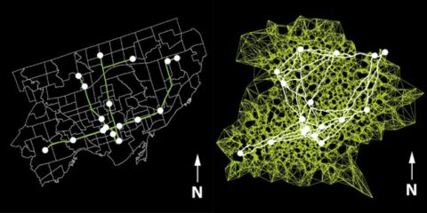 Left: A map of Toronto showing 17 of the TTC’s 75 stations. Right: A sample network connecting those 17 nodes, created by a computer model of a slime mould, Physarum polycephalum. (Images courtesy: Raphael Kay)