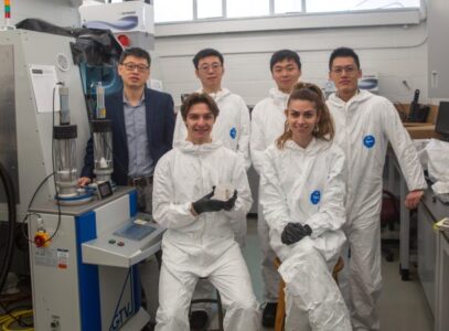 Professor Yu Zou (MSE) and his 3D printing team conduct research in the Laboratory for Extreme Mechanics & Additive Manufacturing. (Photo: Safa Jinje)
